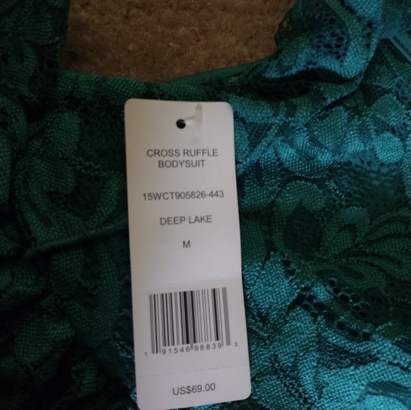 Bebe Ruffle Cross Thong Bodysuit Deep Lake size M, NWT - Picture 6 of 7